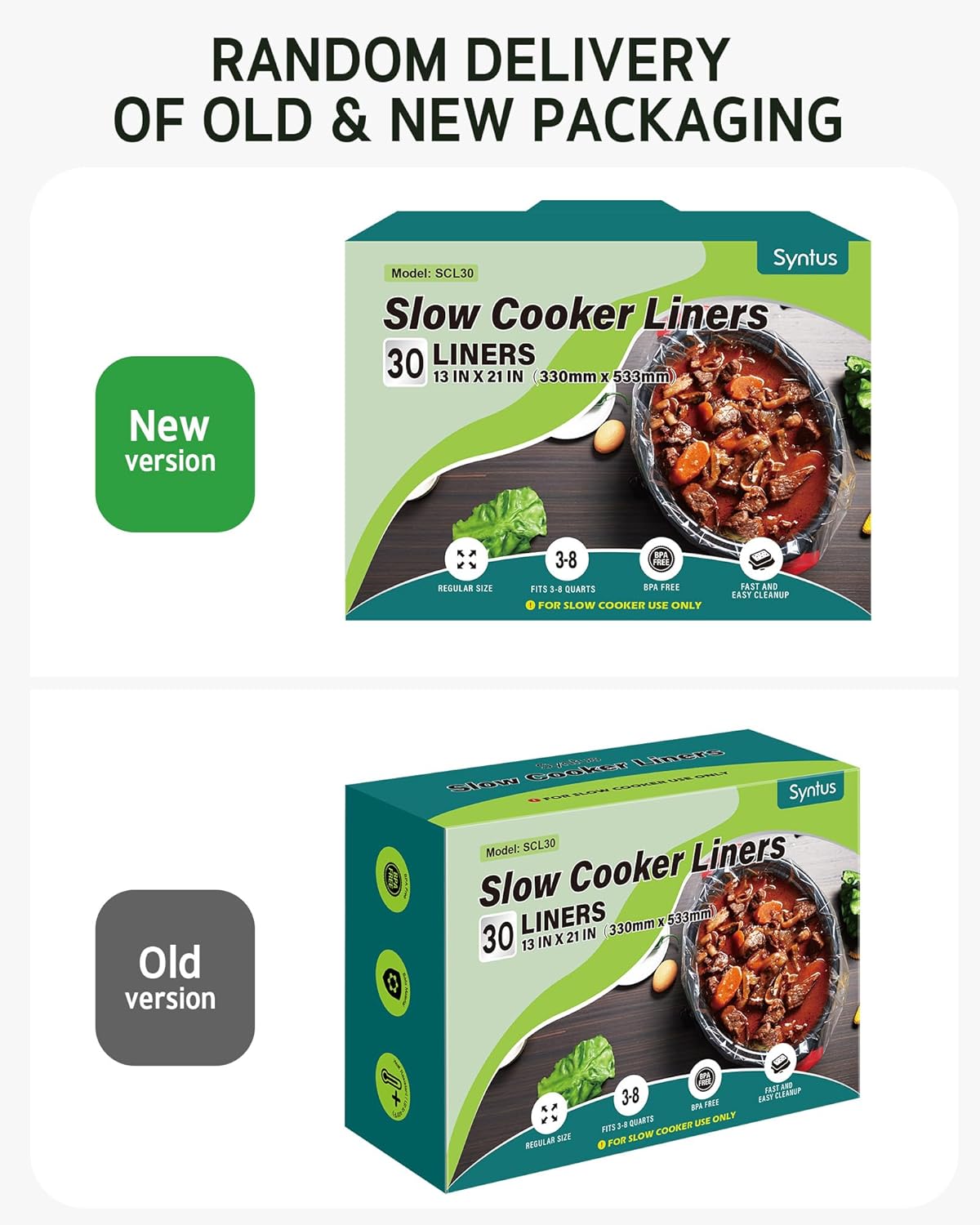 Syntus Slow Cooker Liners, 30 Count Cooking Bags Large Size Disposable Pot Liners Plastic Bags, Fit 3QT to 8QT for Slow Cooker Cooking Trays, 13"x 21", 30 Liners