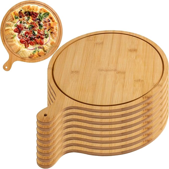 6 Pack Pizza Board Set – Premium Wooden Pizza Plates for Serving & Cutting, Round Bamboo Pizza Plate with Handle, Durable & Lightweight for Home & Restaurant (Up to 13 Inches),9inch