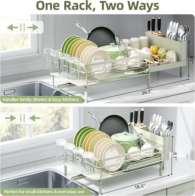 Urackify Large Dish Drying Rack, Expandable Dish Racks for Kitchen Counter, Multifunctional Dish Drainer with Utensil Holder & Cup Holder, 18.5"-26.7" L x 12.7" W, Soft Celery Green