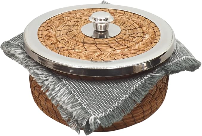 Authentic Mexican Tortilla Warmer Basket - Pine Needle Handwoven with Handloomed Cloth (7" Metal Rim w cloth)
