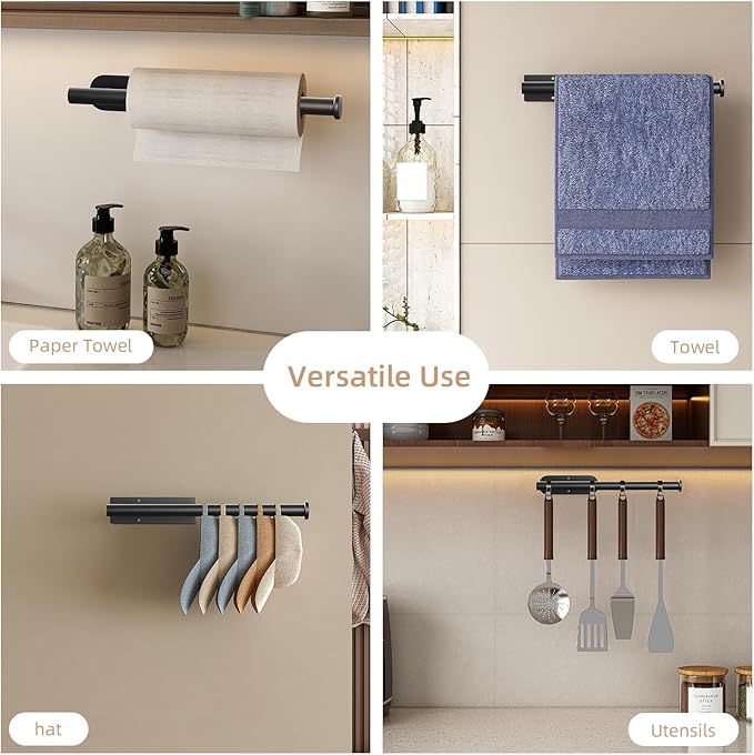 2 Pack Paper Towel Holder, Improved Paper Towel Holder Under Cabinet, Stainless Steel Paper Towel Holders Bar Rack with Self Adhesive and Screws for Kitchen, Bathroom, RV, Black