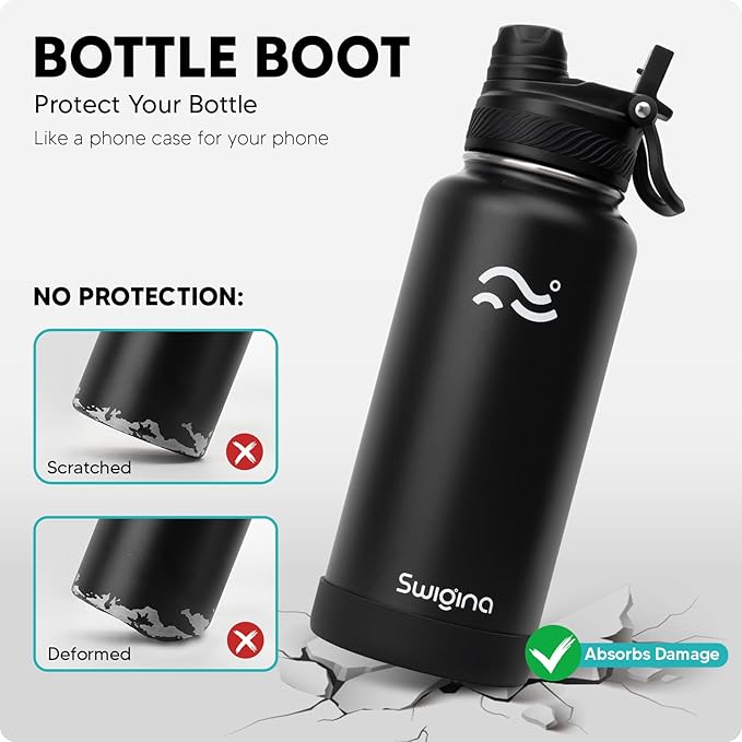 Swigina [2-IN-1 LID] Insulated Water Bottle with Silicone Boot (36hrs Cold/18hrs Hot) - DIY Stickers, Leakproof, BPA Free, 32 oz