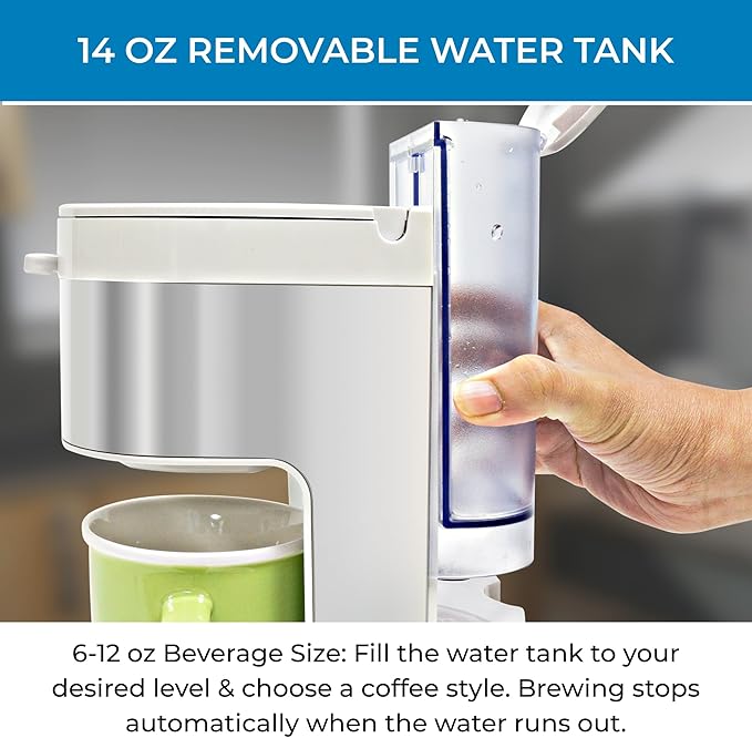 Kenmore Single Serve Coffee Maker – 6–12 Oz Brew Sizes, Compatible with Keurig K‑Cup Pods & Ground Coffee, One Cup Brewer, Travel Mug Friendly, Auto Shut‑Off, Hot & Iced maquina de cafe, White