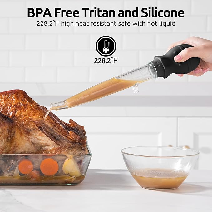 U-Taste 18/8 Stainless Steel Measuring Cups and Spoons Set of 10 Piece, Upgraded Thickness Handle and 1.5oz Heat Resistant Angled Turkey Baster with Cleaning Brush for Cooking Basting (Black)
