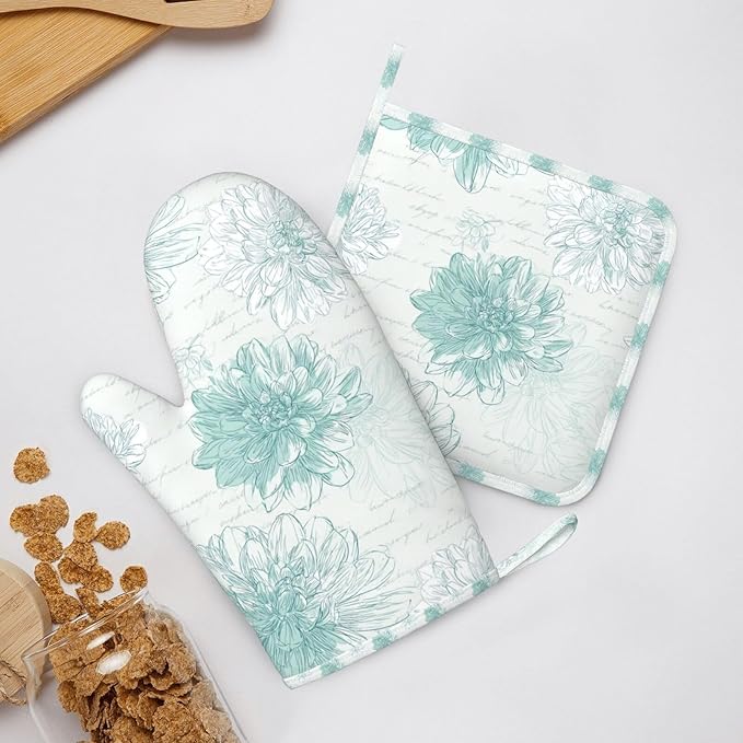 Oven Mitts and Pot Holders Dahlia Flower Pastel Vintage Silicone Kitchen Accessories Set of 4 Heat Resistant Long Gloves Potholder Non-Slip Grip for Chef Cooking Baking Grilling BBQ