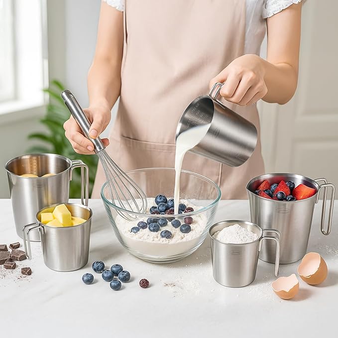 Newness 3-Pack Stainless Steel Measuring Cups Set, (3 Marking Including Cup/ML/Oz Scale) (2, 3 & 4 Cup) Metal Measuring Cup with Handle For Prepping, Baking and Cooking, Dishwasher, Microwave Safe
