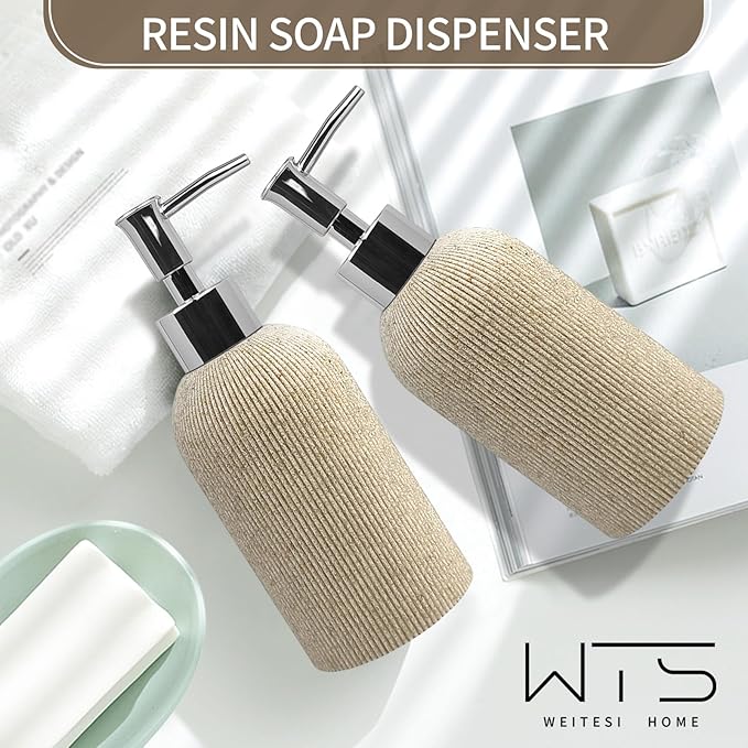 Hand Soap Dispenser for Bathroom and Kitchen Countertop, 10 oz Resin Soap and Lotion Dispensers Set with Plastic Rust Proof Pump, Boho Refillable Liquid Dish Soap Dispensers Bottle,Beige