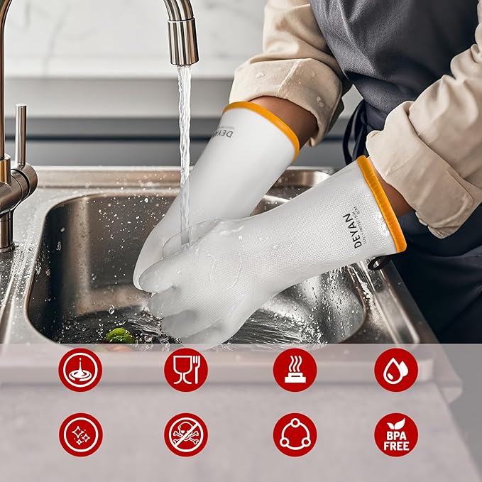 DEYAN Silicone BBQ Gloves - 600°F Heat Resistant Oven Mitts for Grilling, Smoking & Baking - Waterproof, Oil Proof Non-Slip Kitchen Gloves for Cooking, Frying, BBQ Accessories(White, 9/L)