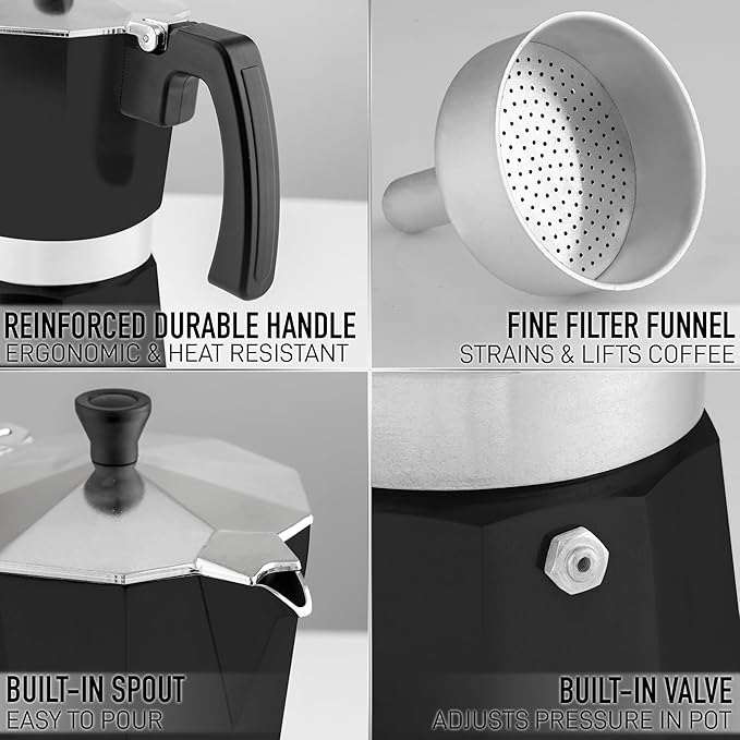 Zulay Moka Pot Espresso Stovetop Coffee Maker - Leak-Proof, Stainless Steel, Easy to Clean, Heat Resistant Handle & Knob - for Authentic Cuban & Italian Style Espresso - Makes 12 Espresso Cups - Black