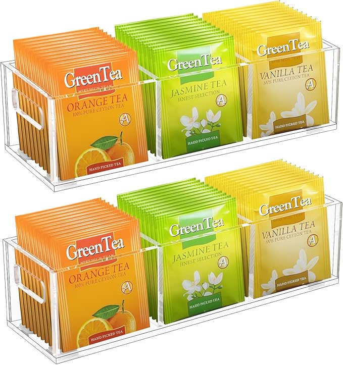 EsLuker.ly Tea Bag Holder Organizer for Counter Small Acrylic Teabag Caddy Storage, 2 Pack Clear Tea Bar Station Accessories with Easy Access for Kitchen Office Countertop Cabinet Drawer
