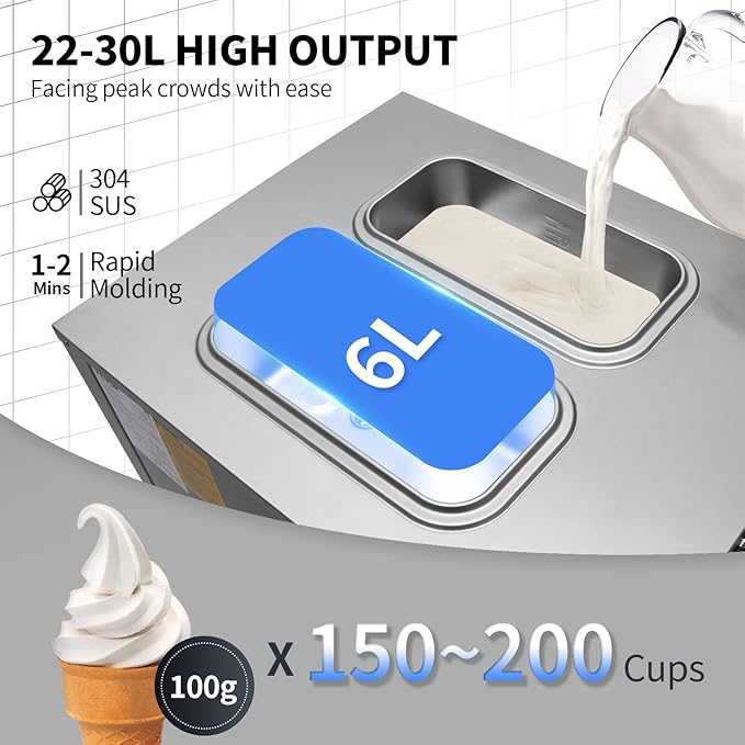 VEVOR Commercial Ice Cream Maker, 22-30L/H Yield, Countertop Soft Serve Machine with 2x6L Hopper 2L Cylinder LCD Panel Puffing Shortage Alarm, Frozen Yogurt Maker for Restaurant Snack Bar, Silve