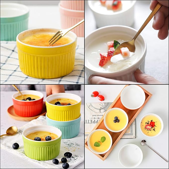 Foraineam 12 Pack 6 oz Ramekins Bakeware 6 Colors Porcelain Souffle Dishes Dessert Custard Baking Cups for Souffle, Creme Brulee and Ice Cream