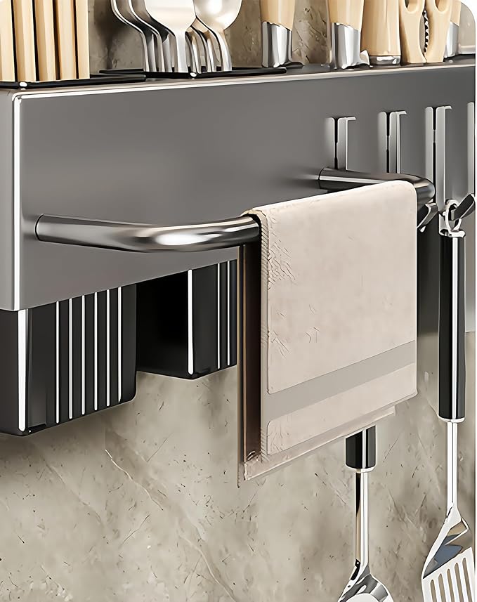 SEIDO Carbon Steel Utensil Rack – Space-Saving 12" L Kitchen Organizer with hooks & hanging bar, Gunmetal Gray Knife Holder, 2 Installation Options (Adhesive/Screwed)