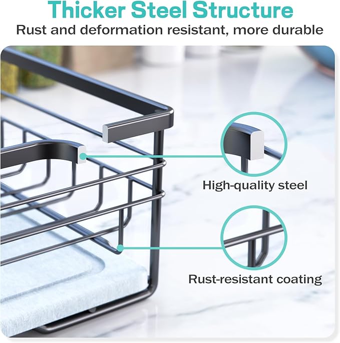 VABNEER Dish Drying Rack with Stone Drying Mat, Quick-Drying/Stainless/Super Sturdy/Space-Saving, Dish Strainers for Kitchen Counter, Escurridor de Trastes para Cocina (Black)