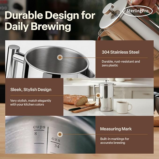 SterlingPro Stainless Steel French Press Coffee Maker 1 L (34 oz) Mirror – Double Walled Insulated Large Coffee Press, Durable Design Keeps Drinks Hot, Easy to Use and Clean for Rich Flavor Brewing