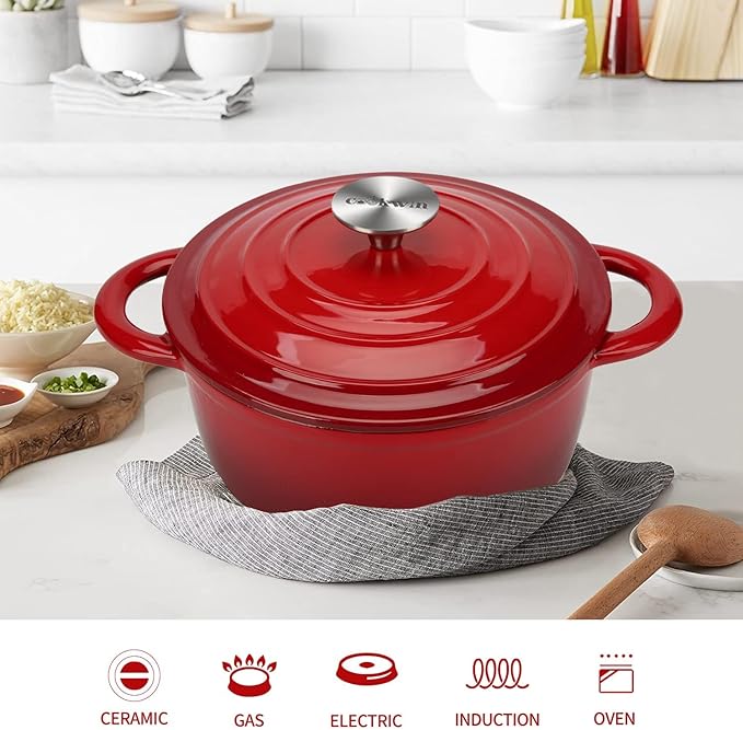 Enameled Cast Iron Dutch Oven with Lid, 6QT Heavy-Duty and Non-Stick Cookware Pot for Braising, Stews, Roasting, Bread Baking - Oven & Stovetop Safe