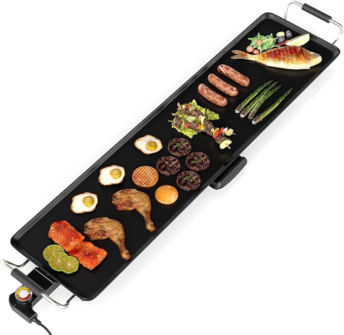 35” Electric Griddle, Extra Large Nonstick Teppanyaki Grill with Adjustable Temperature, Drip Tray & Insulated Handles, Easy-to-clean Pancake Griddle, BBQ Grill for Indoor Outdoor & Party