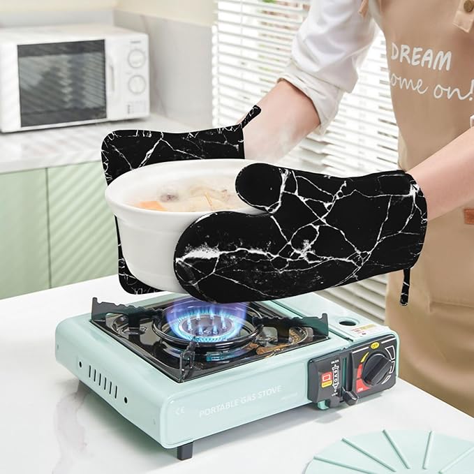 Black White Cracked Marble Oven Mitts and Pot Holders Sets of 4, Heat Resistant Silicone Oven Mittens and Potholders Gloves Hot Pads for Kitchen Cooking Baking Grilling BBQ Chef
