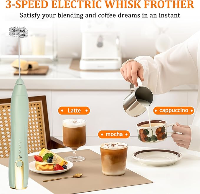 TonJin Frother Wand Rechargeable USB-C Milk Frother Handheld Mixer Electric with 2 Whisk Heads, 3 Speeds Adjustable Coffee Drink Mixer for Lattes, Matcha, Hot Chocolate, Egg, Matcha(Green)