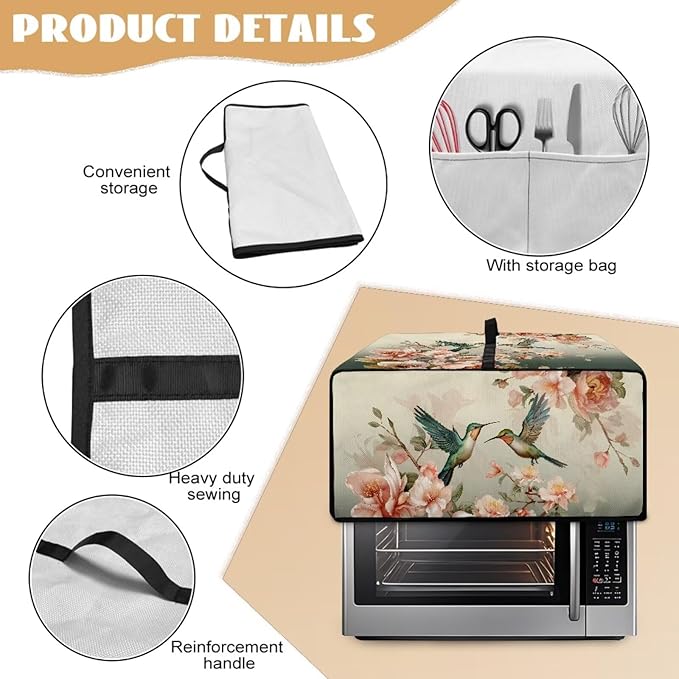 Air Fryer Toaster Oven Dust Cover Washable Fabric Countertop Microwave Smart Oven Cover for Kitchen Countertop Decor, S, 14.5 x 18.5 x 9 Inches, Hummingbird Floral Pattern