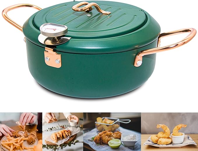Deep Fryer Pot, 4.3L/11 Inch Japanese Tempura Frying Pot with Fahrenheit Thermometer, Nonstick Carbon Steel Oil Fryer, for Tempura/Frech/Fish/Chicken Fries, Easy Clean, Green