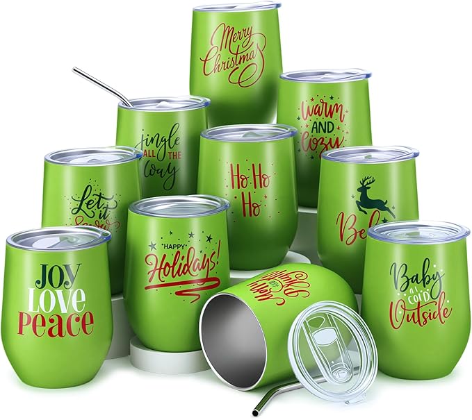 Uiifan 10 Pack Christmas Tumblers Gifts 12 Oz Xmas Funny Tumbler Christmas Stainless Steel Coffee Mugs Set Xmas Insulated Travel Cup with Straw Lid for Family Xmased Holiday Gift (Green)