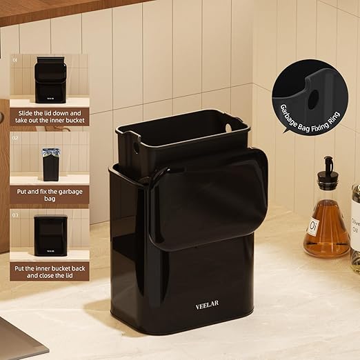 Hanging Stainless Steel Trash Can, 1.6 Gallon /6L Small Compost Bin for Kitchen Cabinet, Bathroom and Office (Red)