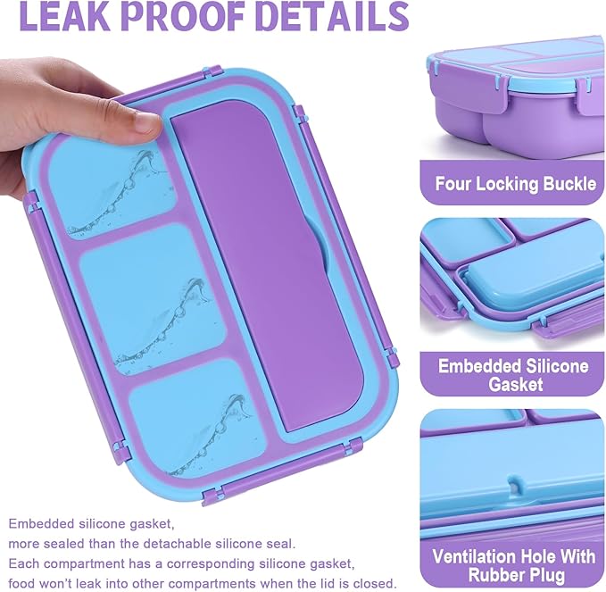 shell and turtle Bento Box for Kids Girls Boys, Bento Box Adult Lunch Box with 4 Compartments, Lunch Containers with Utensils, Sauce Jar, Muffin Liners for School, 40 Oz/5 Cup, Purple