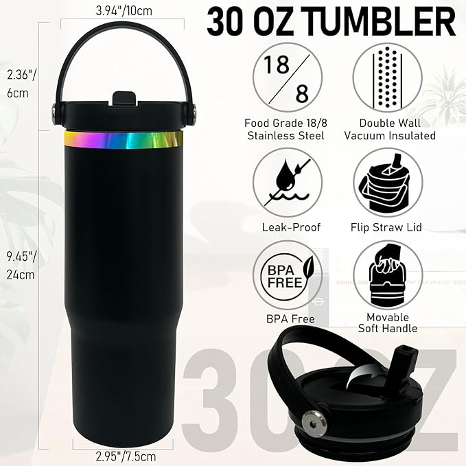 30 oz Tumbler Bulk with Handle and Straw, Vacuum Insulated Tumblers with Flip Straw and Top Handle, Leakproof Powder Coated Tumbler, Stainless Steel Travel Mug for Coffee Water (Black, 8 Pack)
