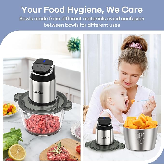 GANIZA Food Processors, Electric Chopper with Meat Grinder & Veggie Chopper - 2 Bowls (8 Cup+8 Cup) with Powerful 450W Copper Motor - Includes 3 Sets of Bi-Level Blades