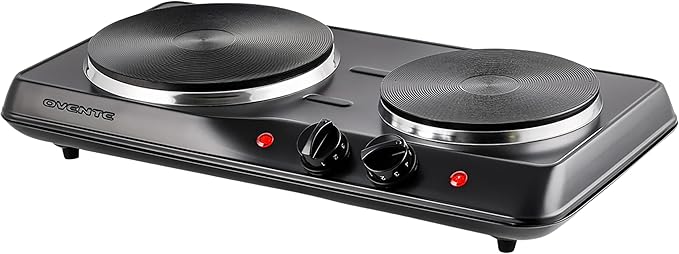 OVENTE Electric Griddle with 16 x 10 Inch Flat Non-Stick Cooking Surface, Adjustable Thermostat & Electric Countertop Double Burner, 1700W Cooktop with 7.25 and 6.10 Inch Cast Iron Hot Plates