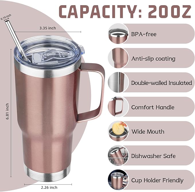 20 oz Tumbler with Handle Stainless Steel Insulated Coffee Tumbler with Lid and Straw Double Wall Vacuum Insulated Coffee Mug Leak Proof Travel Mug Tumbler for Hot and Cold Drink (Rose Gold,1pack)