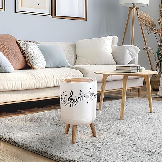 Trash Can with Lid Musical notes stave line symbols for staff music key note theme Treble Press Top Round Small Garbage Bin with Wooden Legs Waste Basket for Kitchen Bedroom Nursery 7L/1.8 Gallon