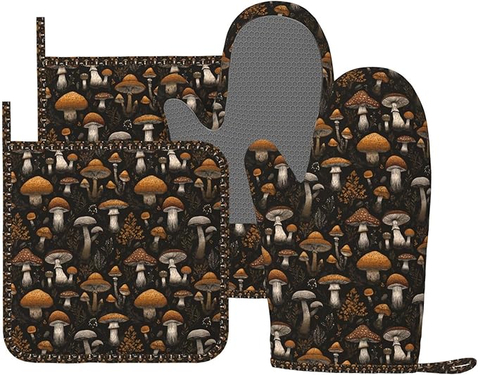 Oven Mitts and Pot Holders Set, Vintage Mushroom Leaf Silicone Kitchen Accessories 4 Piece Heat Resistant Long Gloves Potholder Non-Slip Grip for Chef Cooking Baking Grilling BBQ
