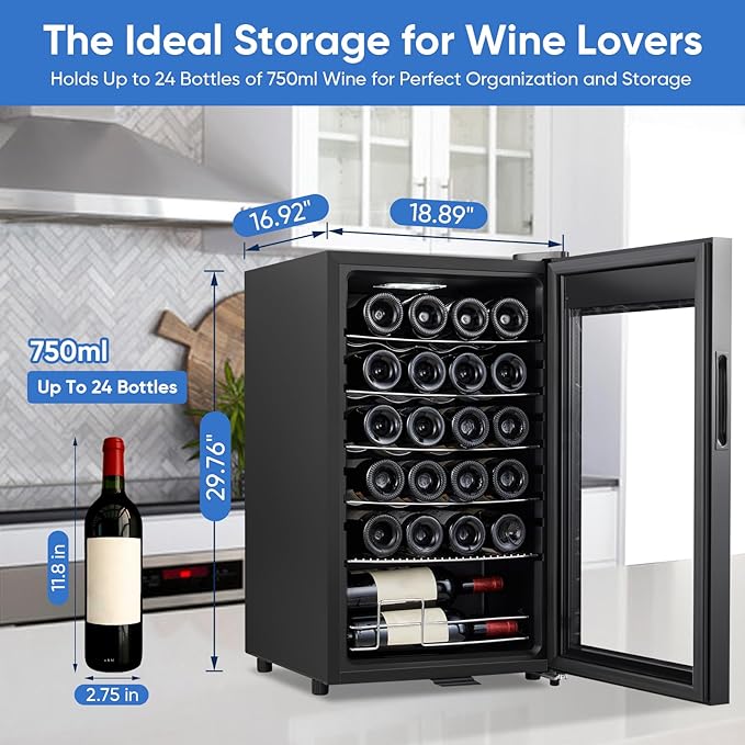 ORYMUSE 24 Bottle Wine Cooler, Freestanding Compressor Wine Fridge with Lock, Slim & Narrow Wine Refrigerator (16.9” W), 41°F–64°F Digital Temperature Control for Red, White & Champagne – Black