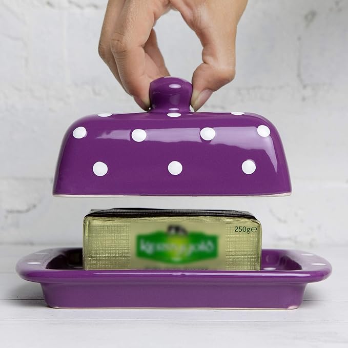 City to Cottage Large Butter Dish with Lid for Countertop, Ceramic Butter Keeper, Butter Container with Knob Handle, Butter Holder Tray with Cover, Handcrafted Purple Polka Dot Butter Dish
