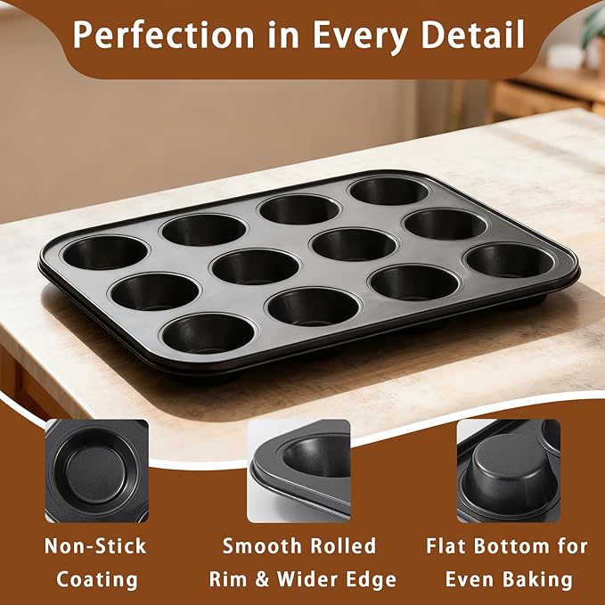 2 Pack Muffin Pans for Baking, Large Muffin Pan 12 Cup, Premium Steel with Nonstick Coating, Easy to Clean, Durable Bakeware for Even Baking, Perfect for Muffins and Cupcake, Black