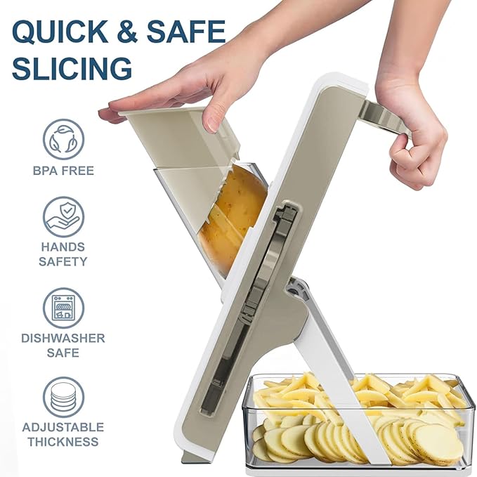 Mandoline Slicer Safe Multifunctional Dicer Adjustable Commercial Slicer Machine Stainless Steel Chopper (White Light Grey)