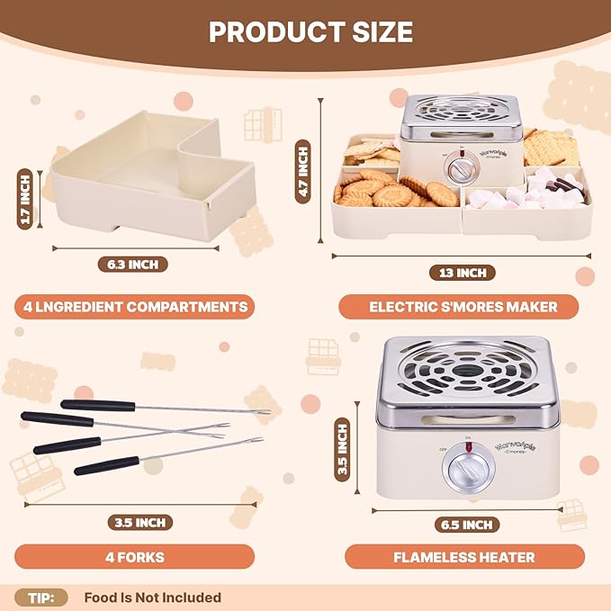 Electric Smores Maker - Indoor Smores Kit with 4 Detachable Trays, 4 Stainless Steel Forks - Flameless Smores Maker Tabletop Indoor Kit (White)