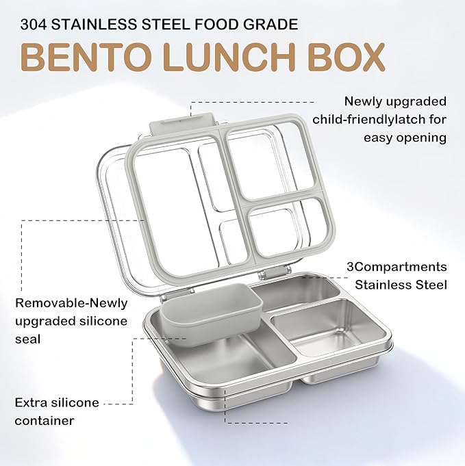 BABHAMNESS Stainless Steel Bento Lunch Box for Kids Adults, 3 Compartments Metal Bento Box with Transparent Lid & Silicone Container for Kids,Dishwasher-Safe,School & Travel,BPA-Free(Grey)