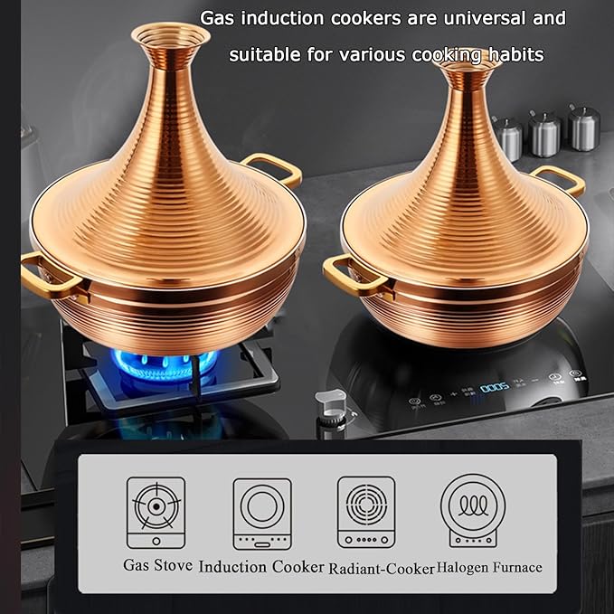 Stainless Steel Moroccan Tagine Pot, Large Moroccan Tajine Casserole with Cone-Shaped Lid, Non Stick Tagine Cooking Pot with 2 Handles(28cm/11in, Gold)