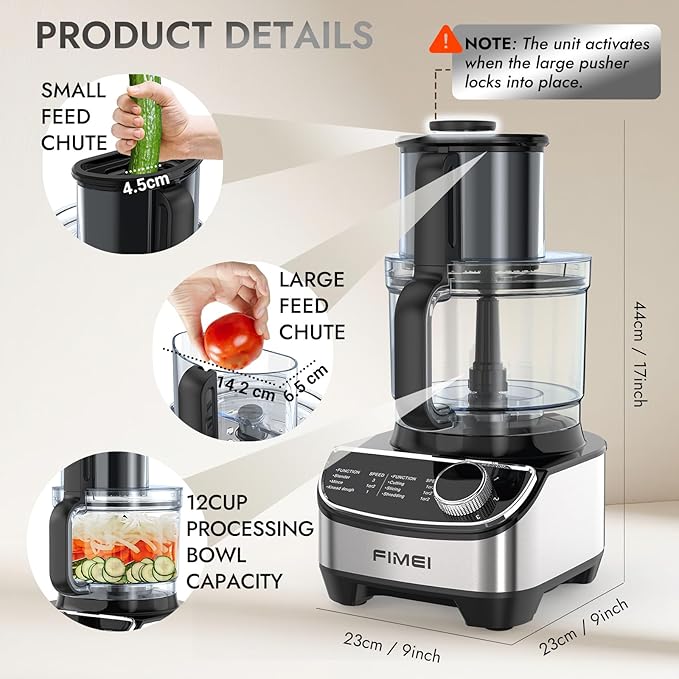 FIMEI 12-Cup Food Processor and Vegetable Chopper, 600W Electric Food Chopper for Slicing, Shredding, Chopping, Pureeing, Dough, Baby Food Maker, Large Feed Chute, Dishwasher Safe Bowl
