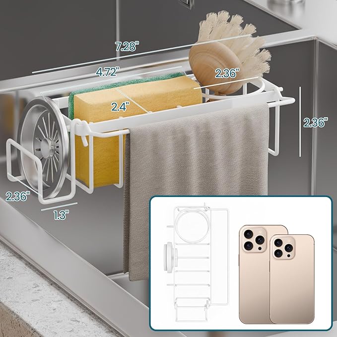 TAILI Sponge Holder with Strong Suction Cup, 4-in-1 Rustproof Sink Organizer - Sink Caddy Holds Sponges, Brushes, Stoppers & Scrapers -White