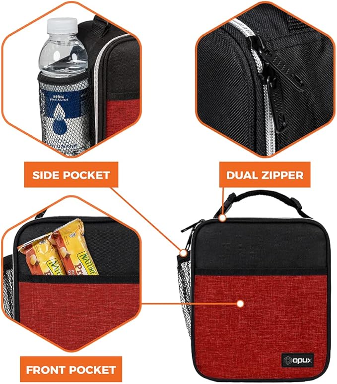 opux Premium Insulated Lunch Box, Soft School Lunch Bag for Kids Boys Girls, Leakproof Small Lunch Pail Men Women Work, Reusable Compact Cooler Tote Lunchbox for Office Adult, Heather Red