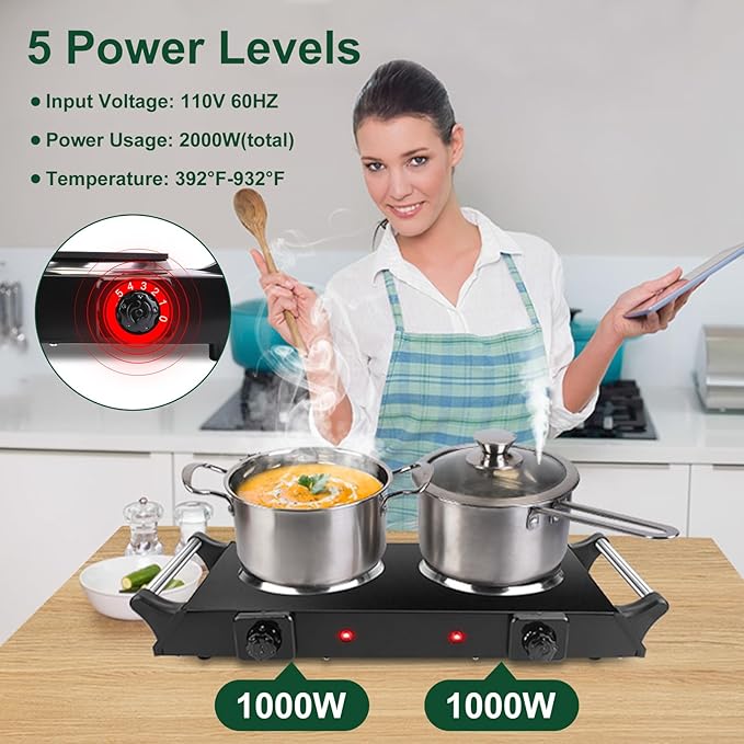 Electric Countertop Double Burner, 2000W Cooktop with Cast Iron Hot Plate & Stay Cool Handles, 5 Level Temperature Control, Easy to Clean, Indicator Lights, Cooking Stove for Office Home Camping RV