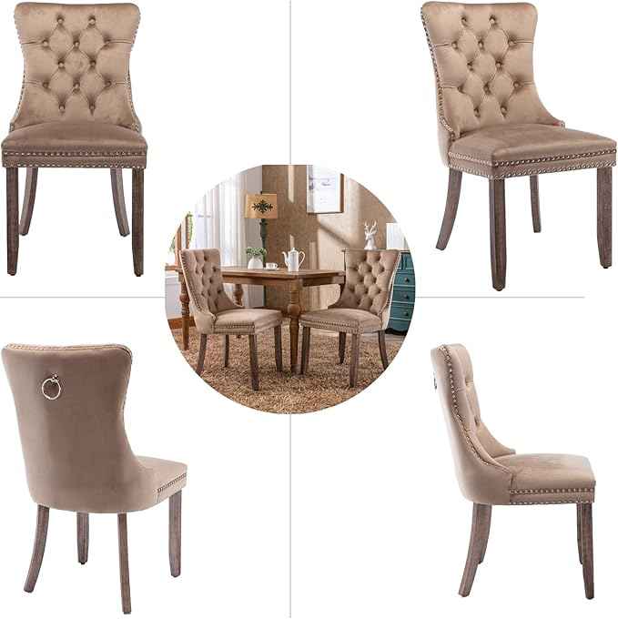 Upholstered Dining Chairs Set of 6, Velvet Dining Room Chairs with Back Ring Pull Trim and Solid Wood Legs, Tufted Wingback Kitchen Chair Perfect for Dining Room,Living Room,Kitchen(Khaki)