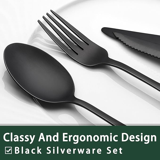 EWFEN 24-Piece Black Silverware Set with Steak Knives, Black Flatware Set for 4, Food-Grade Stainless Steel Tableware Cutlery Set, Mirror Finished Utensil Sets for Home Restaurant, Square Edge