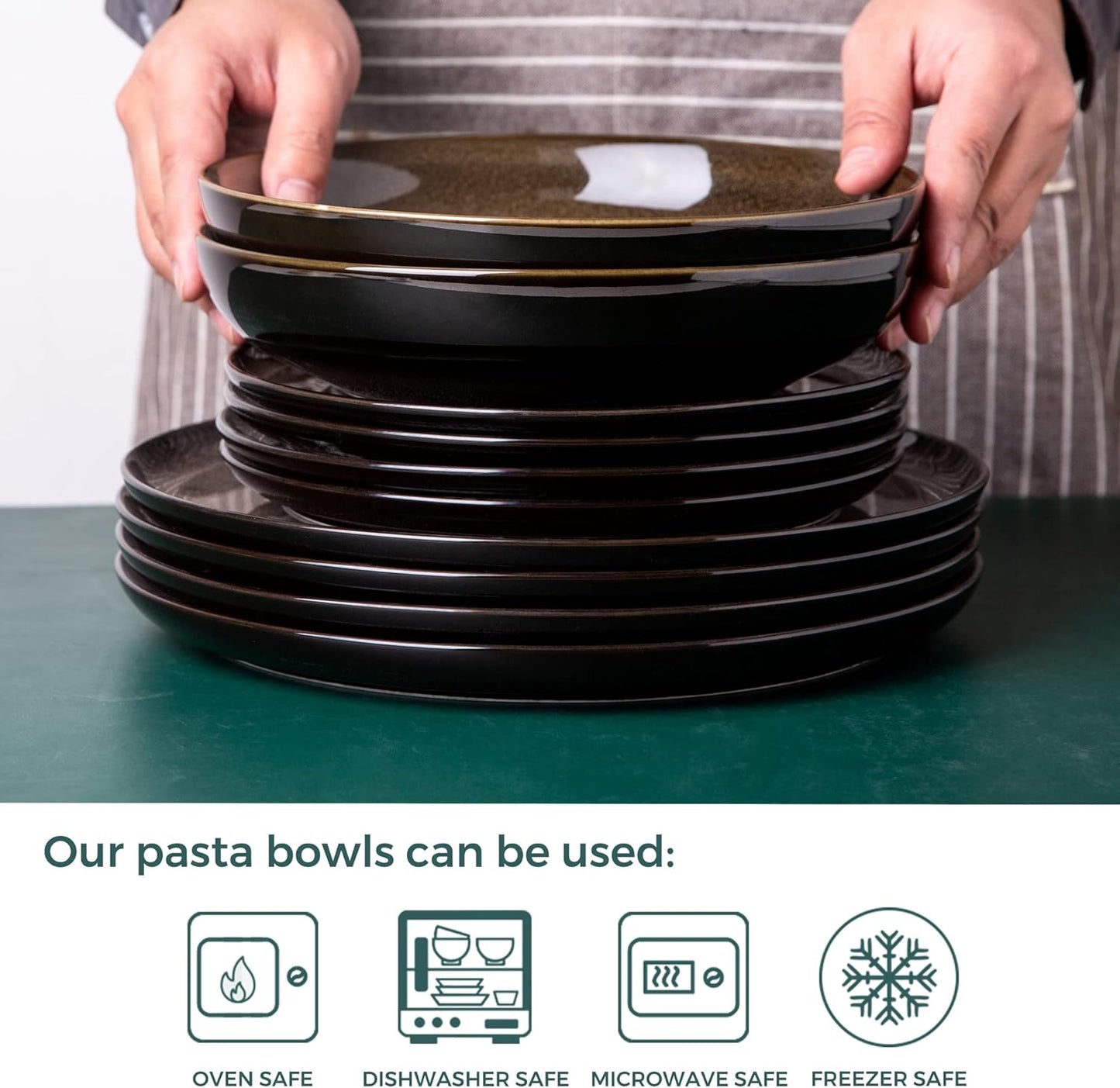 LERATIO Pasta Bowls,Ceramic 38oz Pasta Bowls,9.0" Reactive Glaze Pasta Bowl Set of 4,Microwave & Dishwasher,Oven Safe,Large Wide Serving Bowls for Salad, Dessert, Pizza,Scratch Resistant-Chestnut