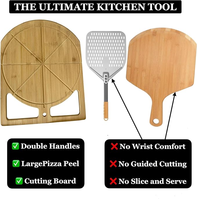 Pizza Lovers Set – Bamboo Pizza Peel & Cutting Board with Rocker Knife