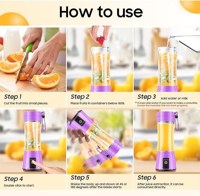 Cordless Portable Personal Size Blender - Mini Blender Make Smoothies and Shakes, 380Ml BPA Free Travel Cup, Powerful Blending Suit in Office/Home/Gym